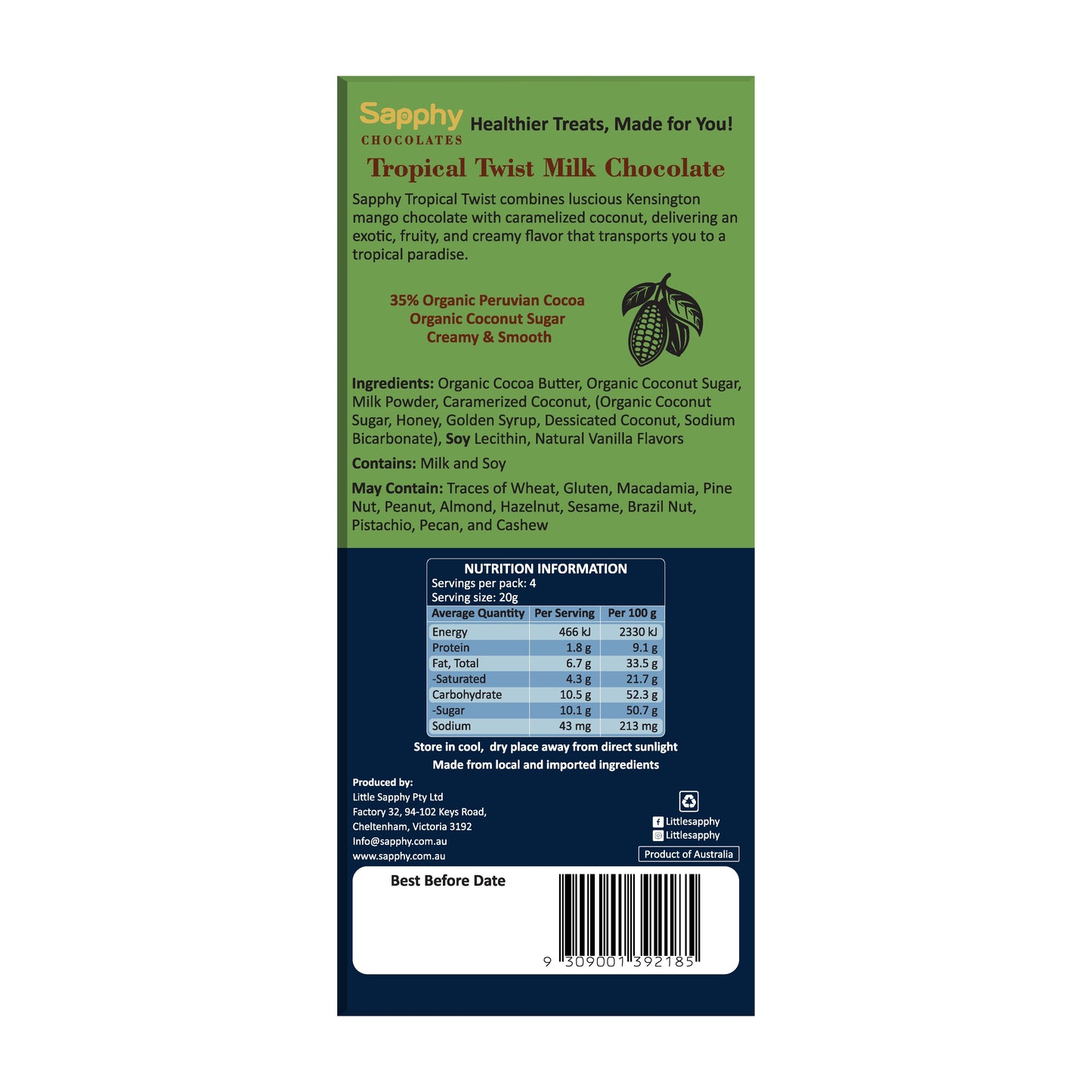 Sapphy Premium Tropical Twist Mango Chocolate – 80g | Made with Coconut Sugar & Caramelized Coconut