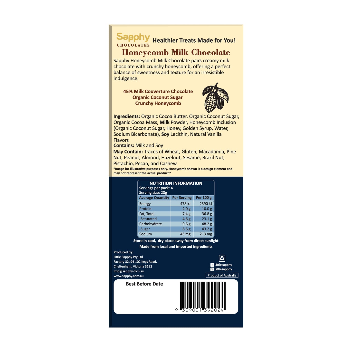 Sapphy Premium Honeycomb Milk Chocolate – 80g | Made with Coconut Sugar & Crunchy Honeycomb