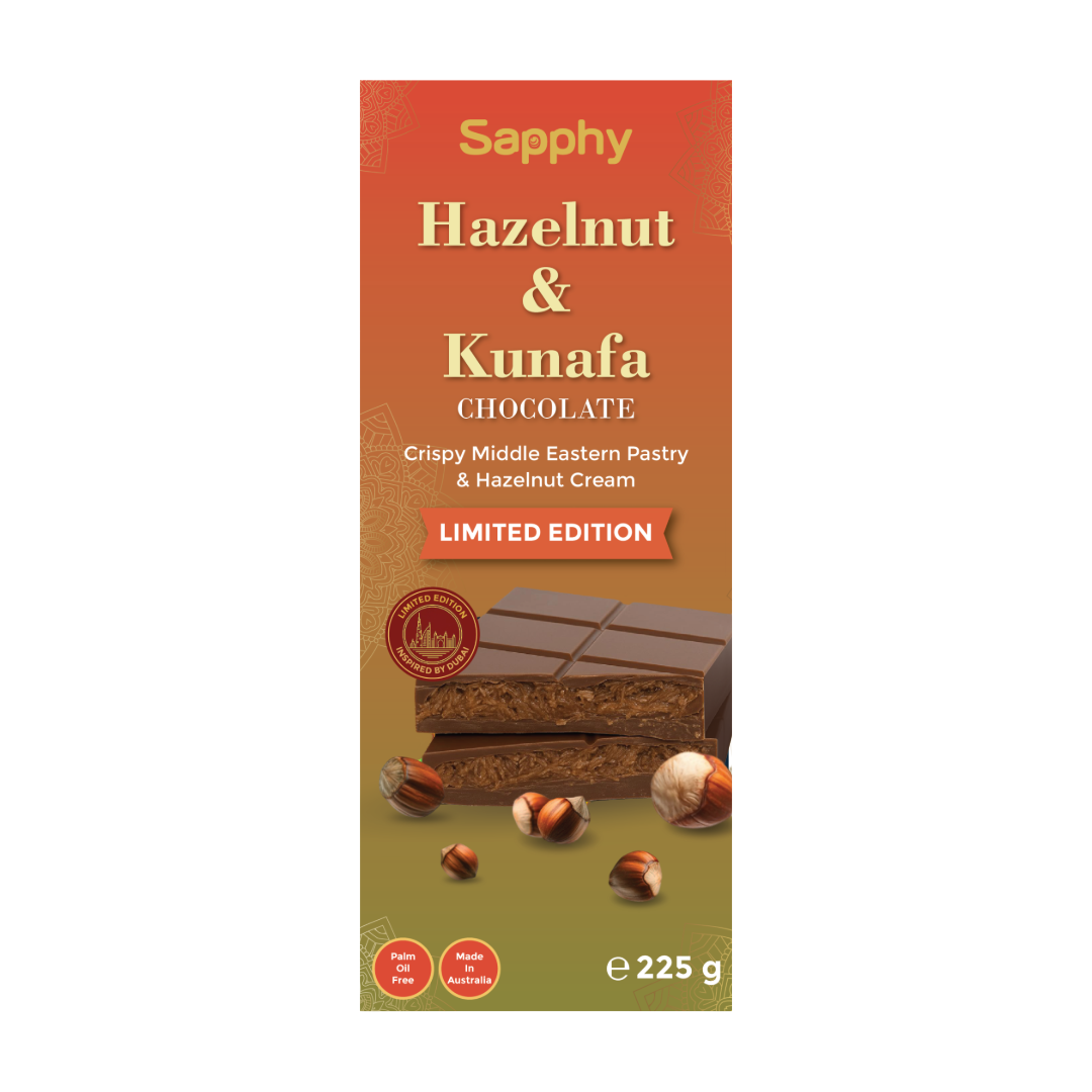 Sapphy Premium Hazelnut & Kunafa Chocolate Bar – 225g | Crispy Middle Eastern Pastry & Creamy Hazelnut Filling – Dubai Chocolate Limited Edition, Palm Oil Free
