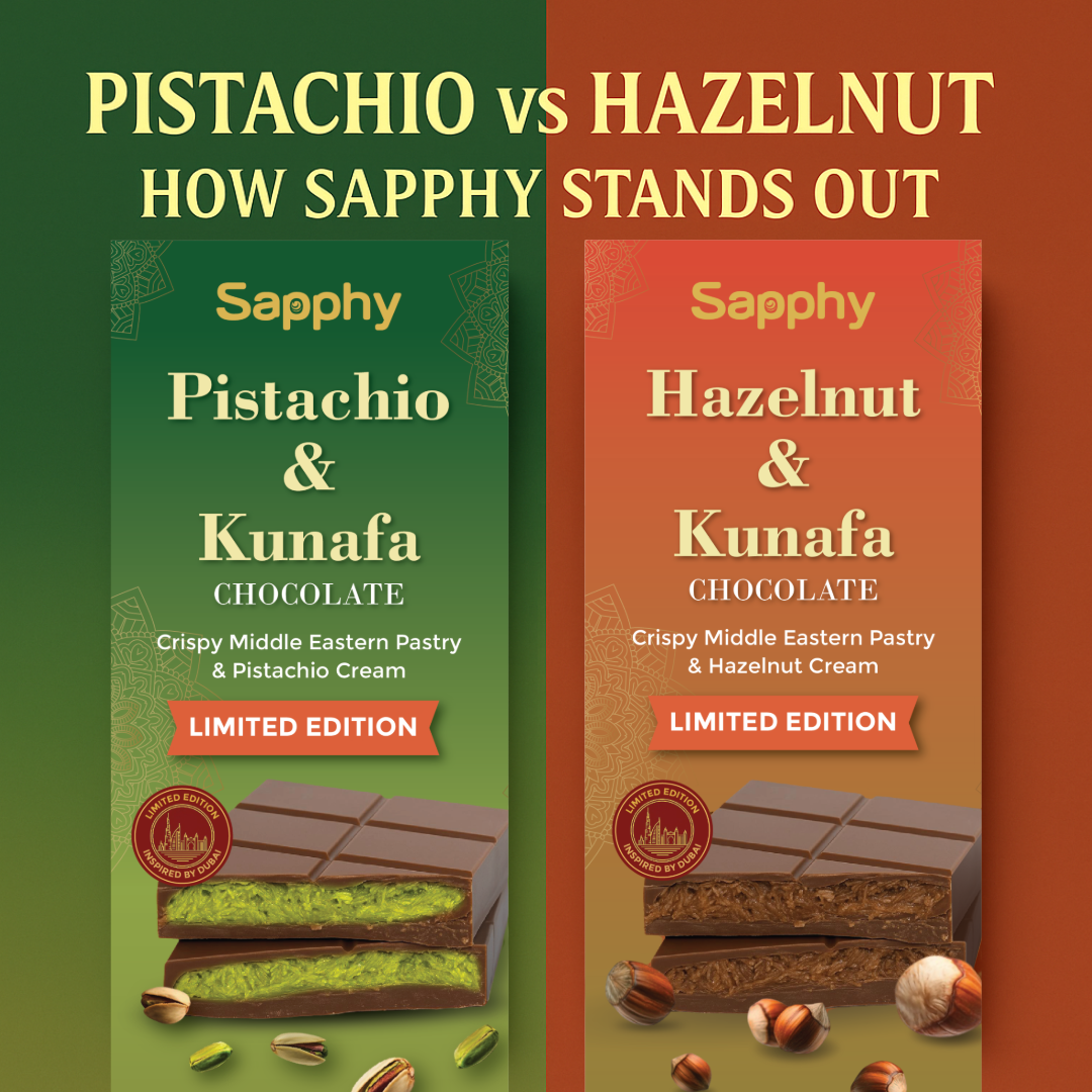 Sapphy Pistachio & Kunafa Chocolate – 225 g limited edition chocolate bar with pistachio cream and crispy pastry  Sapphy Hazelnut & Kunafa Chocolate – 225 g limited edition chocolate bar with hazelnut cream and crispy pastry