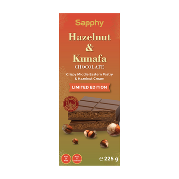Sapphy Premium Hazelnut & Kunafa Chocolate Bar – 225g | Crispy Middle Eastern Pastry & Creamy Hazelnut Filling – Dubai Chocolate Limited Edition, Palm Oil Free