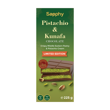 Sapphy Premium Pistachio & Kunafa Chocolate Bar – 225g | Crispy Middle Eastern Pastry with Creamy Pistachio Filling – Dubai Chocolate Limited Edition, Palm Oil Free