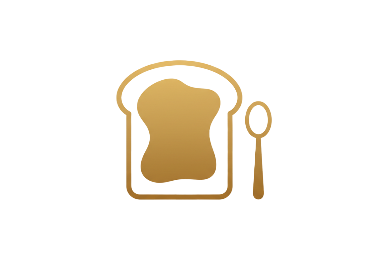 A clean minimal line icon of a slice of toast with a gentle spread layer on top and a small spoon beside it. Thin elegant strokes, rounded edges, modern lifestyle aesthetic, flat gold or dark brown, transparent background.