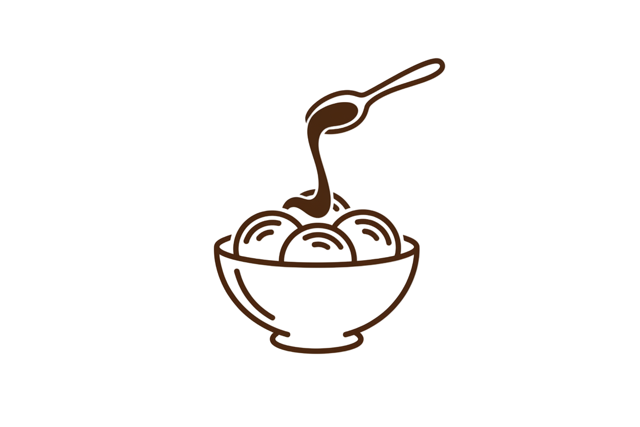 A modern line icon of an ice cream bowl with a drizzle or spoonful pouring over it. Soft elegant stroke lines, premium minimal design, monochrome gold or dark brown, no background.