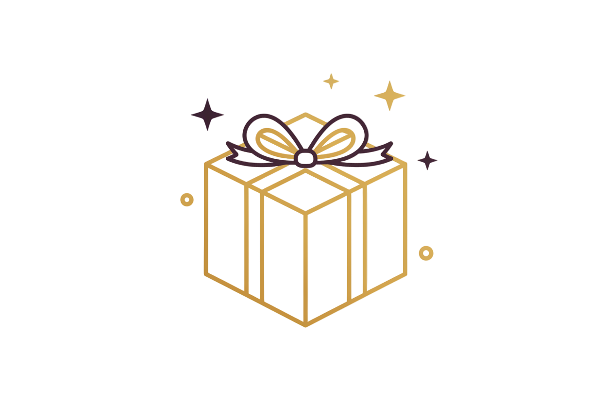 A simple elegant icon of a gift box with a ribbon and small sparkles around it. Thin clean outlines, luxury gifting aesthetic, flat gold or dark brown, transparent background.
