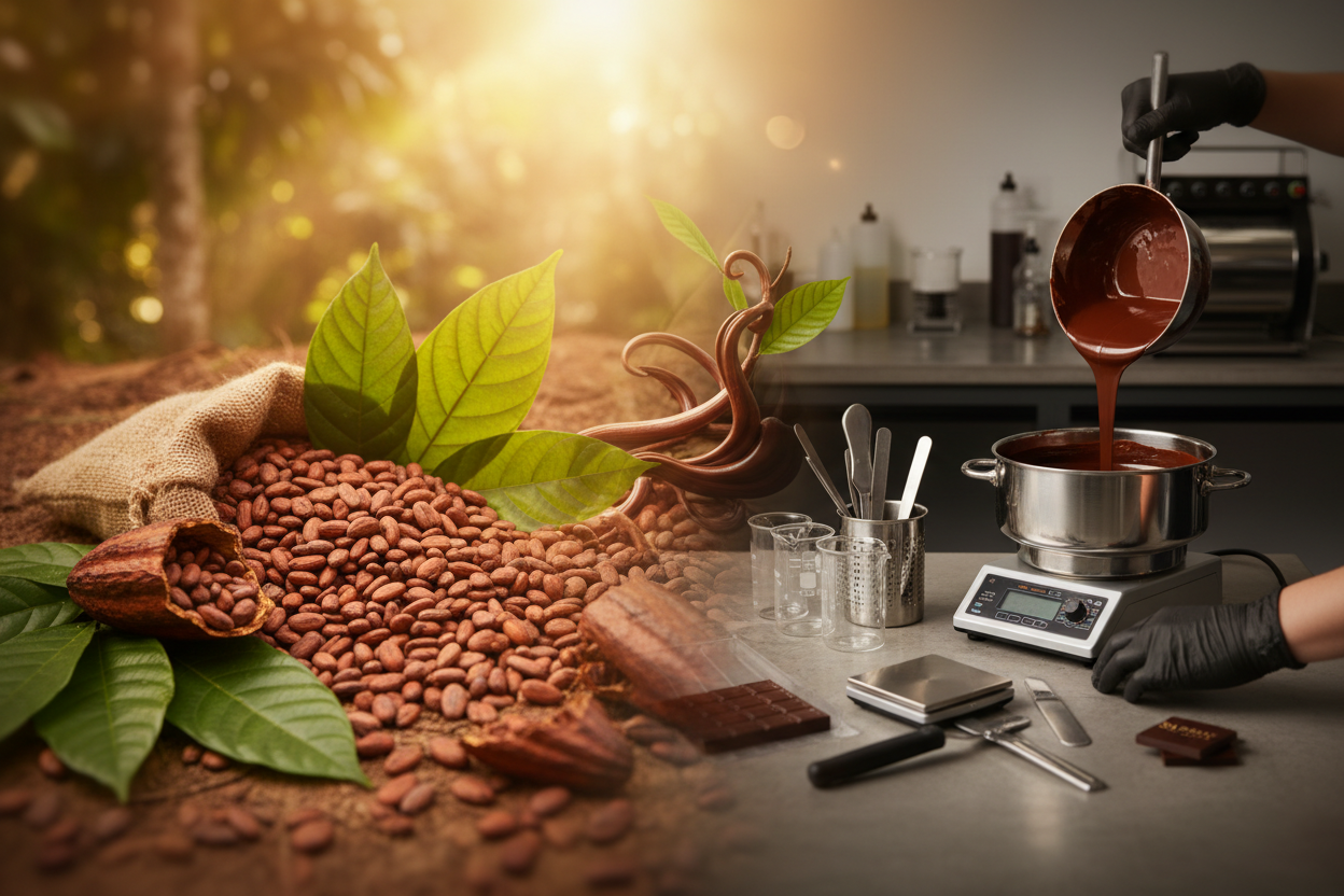 A soft, artistic split-scene composition showing the journey of Sapphy Chocolates: on one side, Peruvian cocoa beans and leaves in warm earthy tones; on the other side, a modern small-batch Melbourne chocolate workspace with chocolate being poured. Seamless blend, soft vignette, warm cinematic lighting. Symbolic storytelling aesthetic communicating authenticity, roots, and craftsmanship.